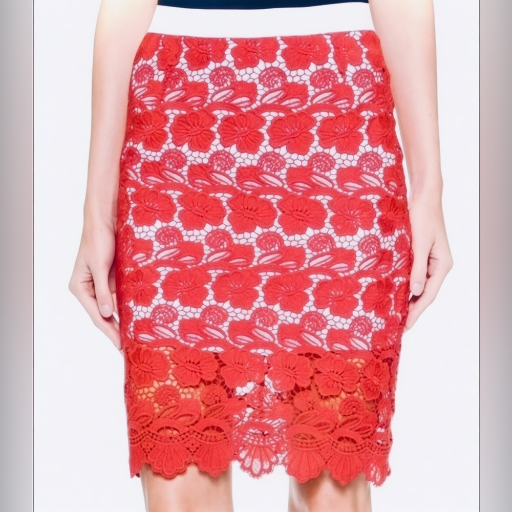 Rebecca Minkoff Cherry Red Lined Angelica Floral Lace Elastic Waist Skirt Sz 12